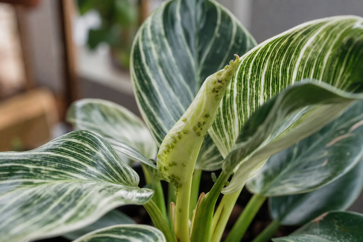 Aphids on Philodendron Birkin - visible symptom on the plant
