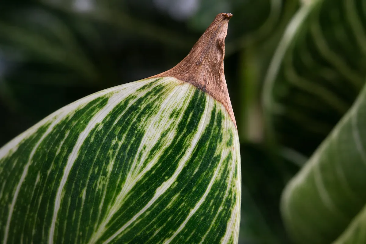 Close-up of Brown Tips on Philodendron Birkin - diagnostic detail