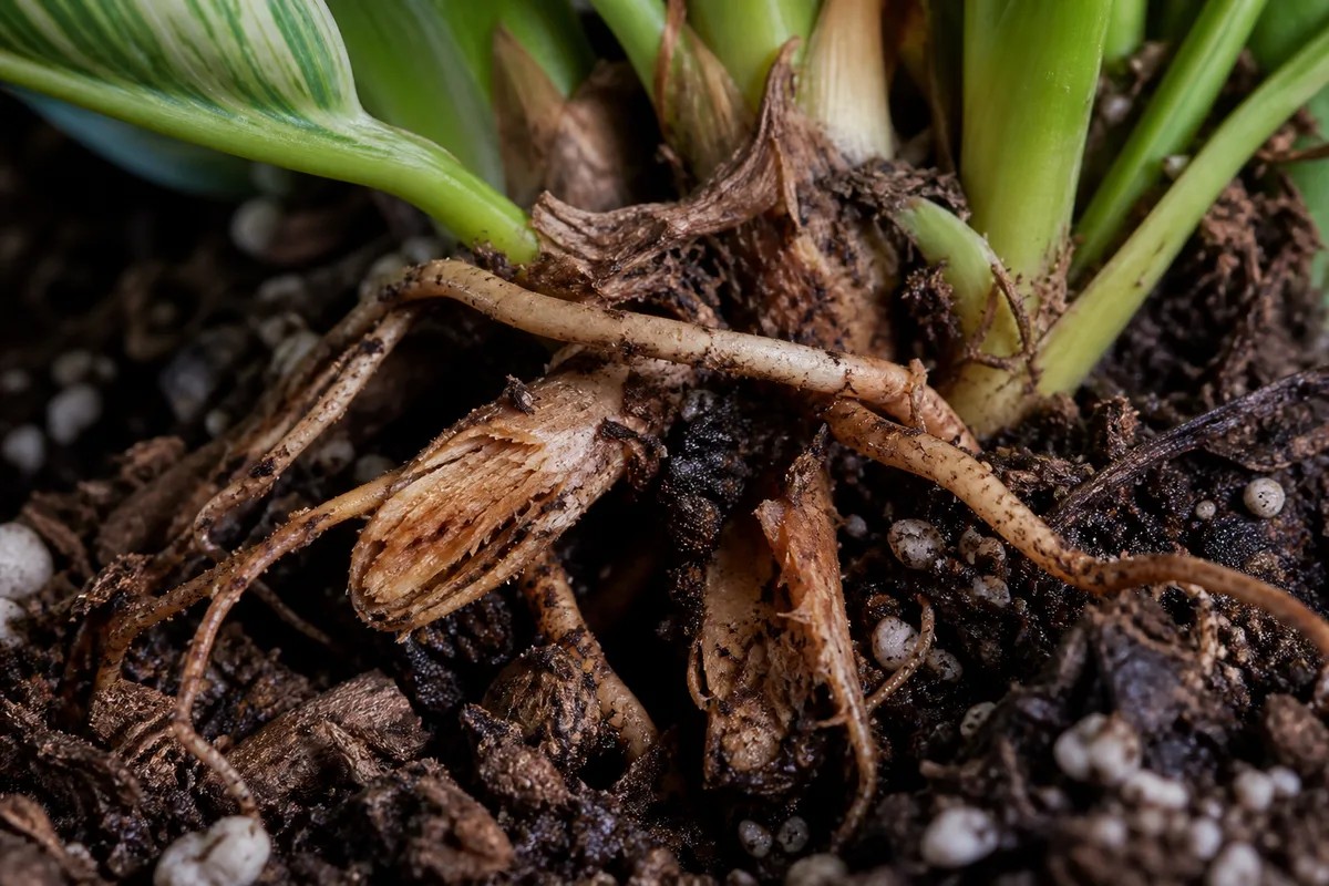 Close-up of Damaged Roots on Philodendron Birkin - diagnostic detail