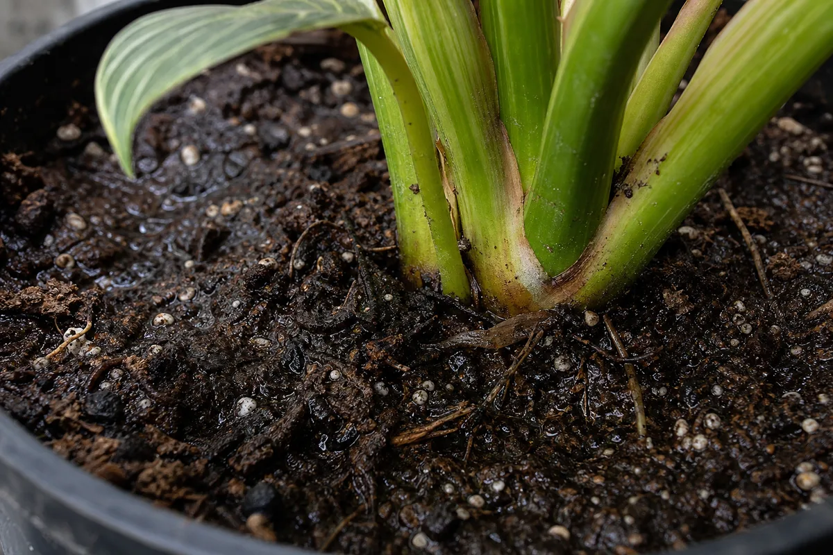 Close-up of Poor Potting Setup on Philodendron Birkin - diagnostic detail