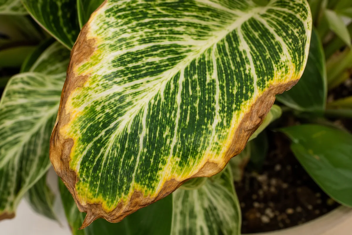 Close-up of Potassium Deficiency on Philodendron Birkin - diagnostic detail