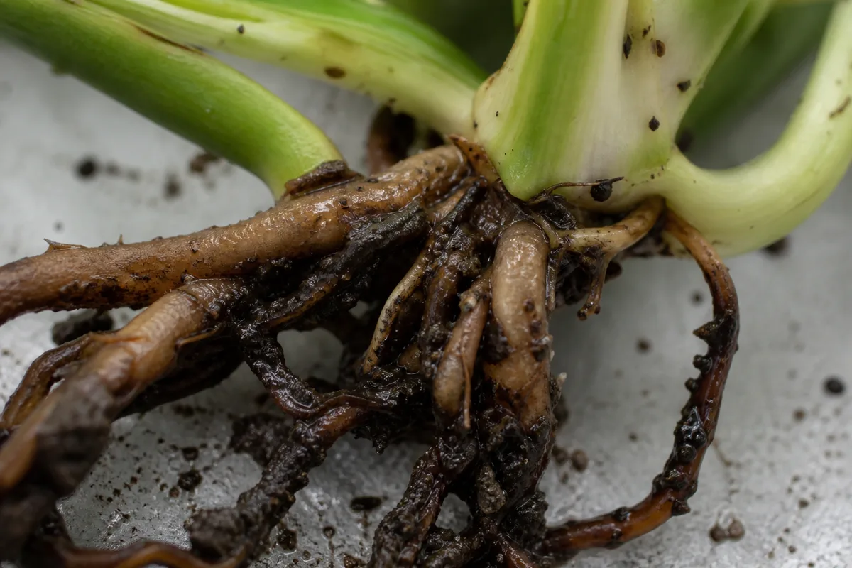 Close-up of Root Rot on Philodendron Birkin - diagnostic detail