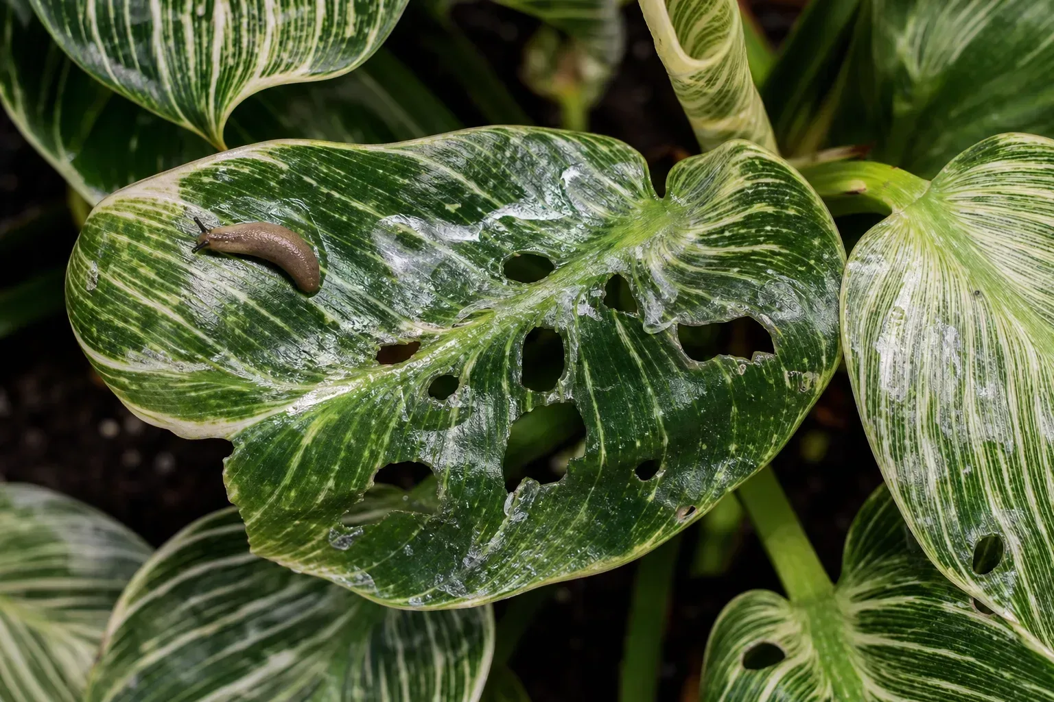 Slugs and Snails on Philodendron Birkin - visible symptom on the plant