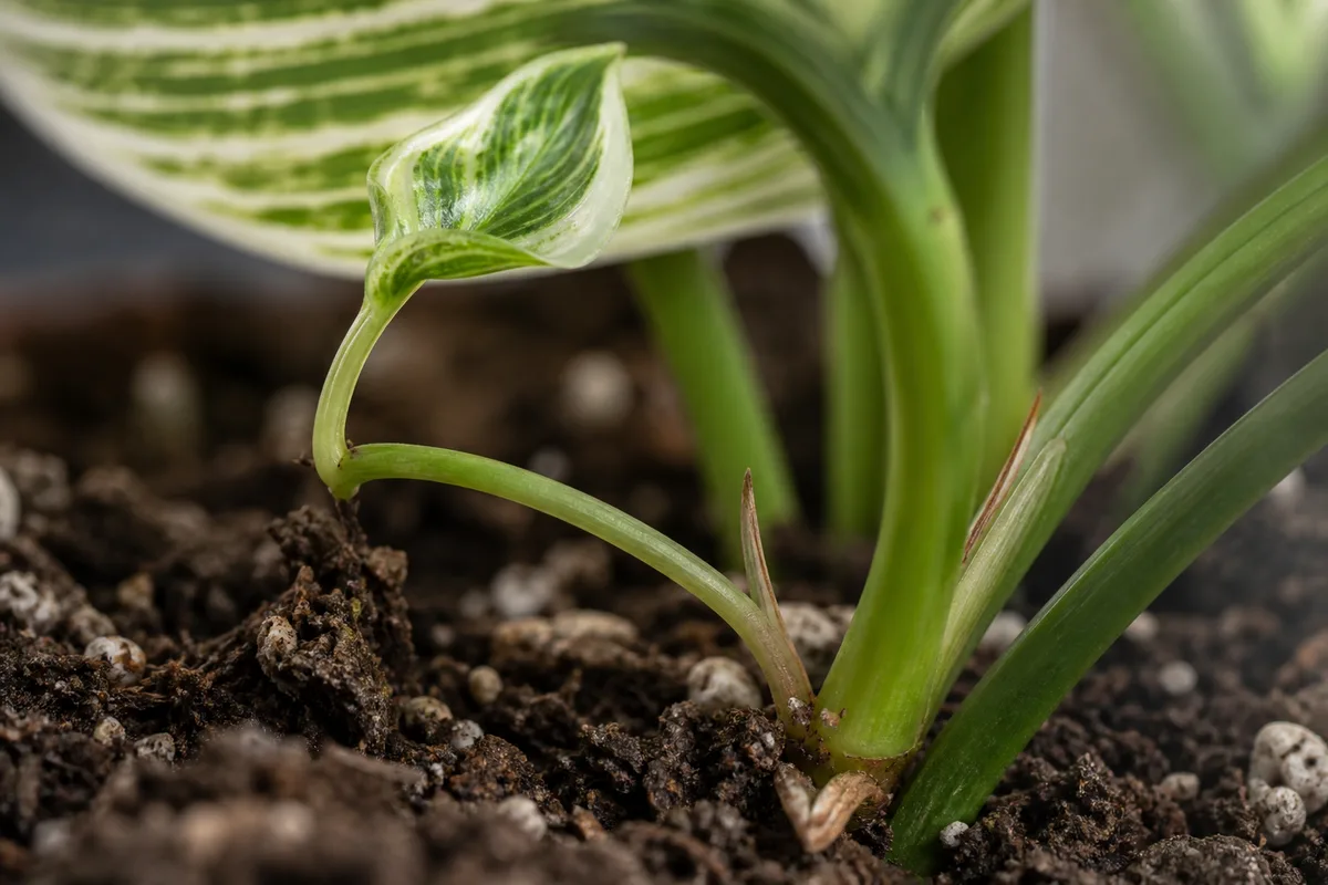 Close-up of Thin Stems on Philodendron Birkin - diagnostic detail