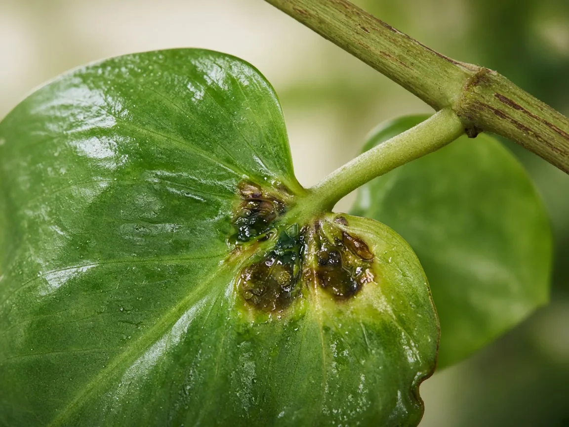 Close-up of water-soaked dark spots on heartleaf philodendron leaf petiole and stem