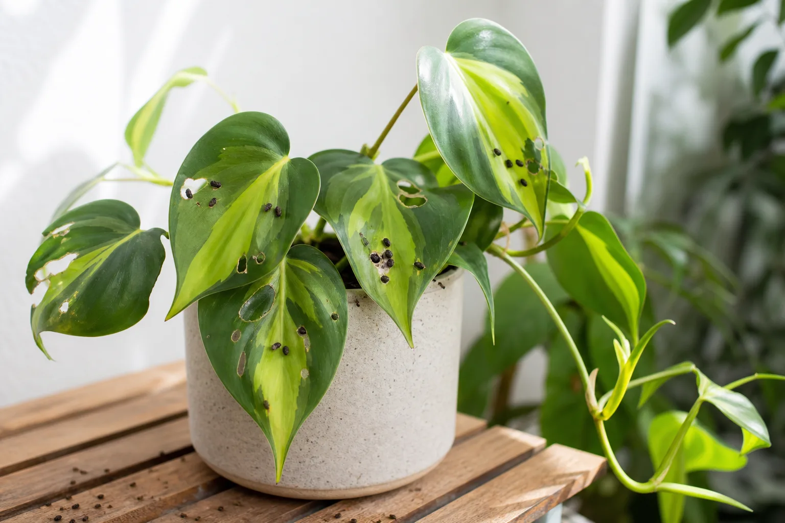 Caterpillars on Philodendron Brasil - visible symptom on the plant