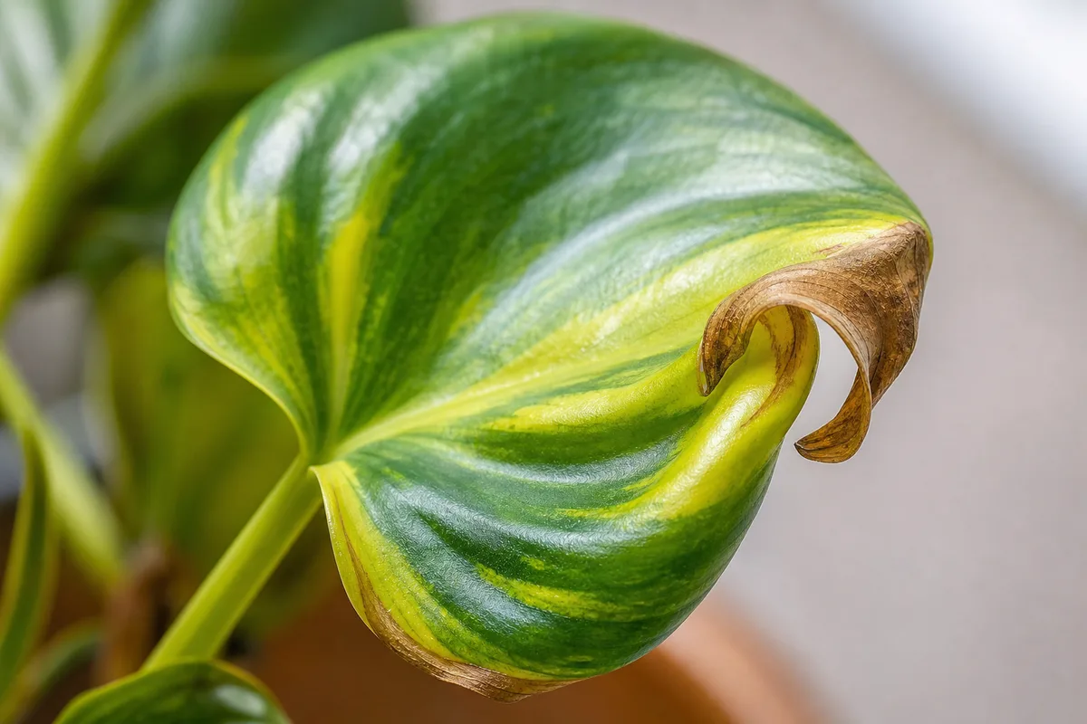 Close-up of Draft Stress on Philodendron Brasil - diagnostic detail