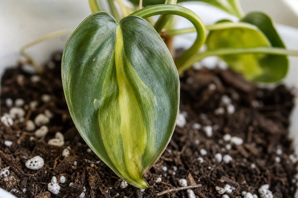 Close-up of Repotting Stress on Philodendron Brasil - diagnostic detail