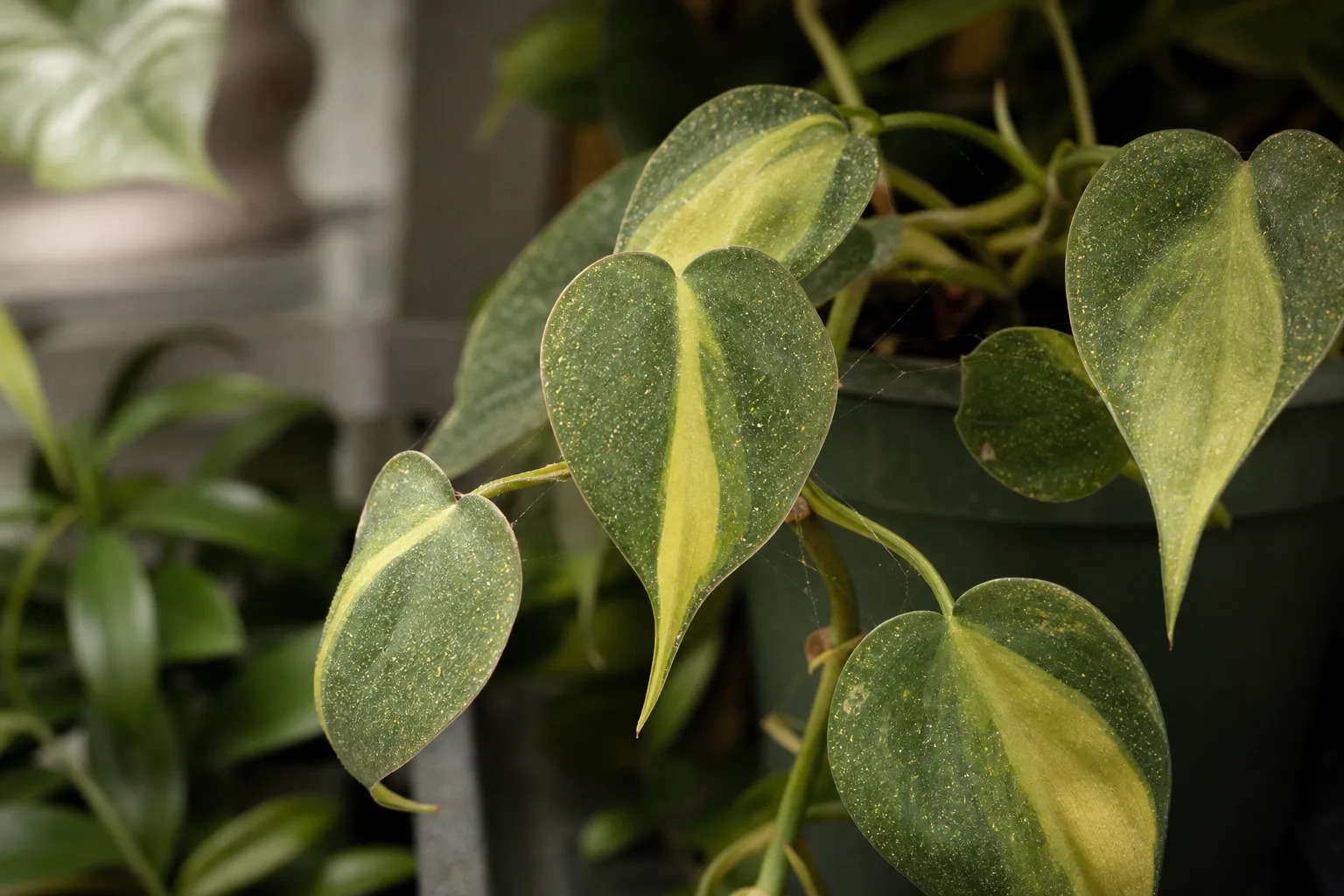 Spider Mites on Philodendron Brasil - visible symptom on the plant