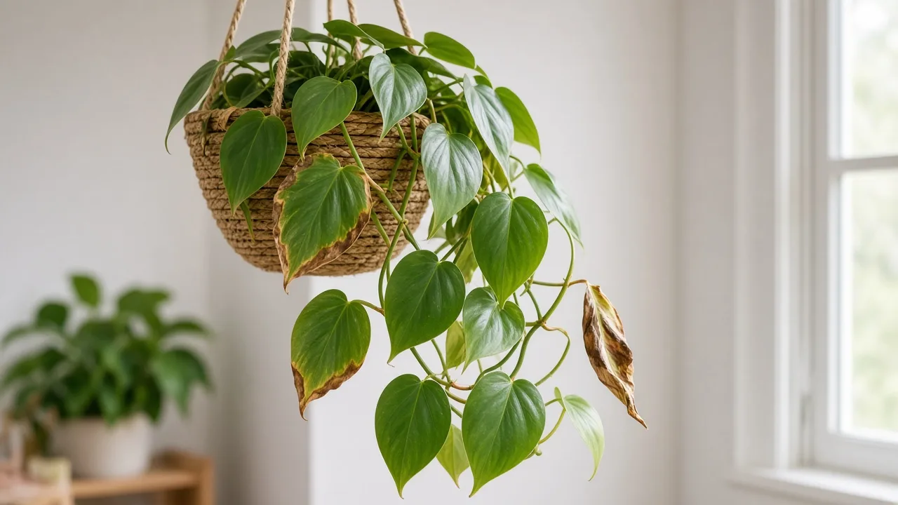 Brown Leaves on Heartleaf Philodendron - visible symptom on the plant