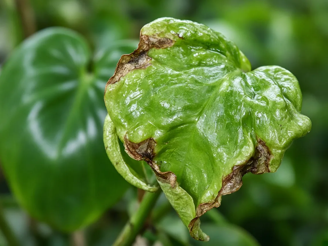 Close-up of calcium deficiency on heartleaf philodendron - crinkled new heart-shaped leaf at vine tip