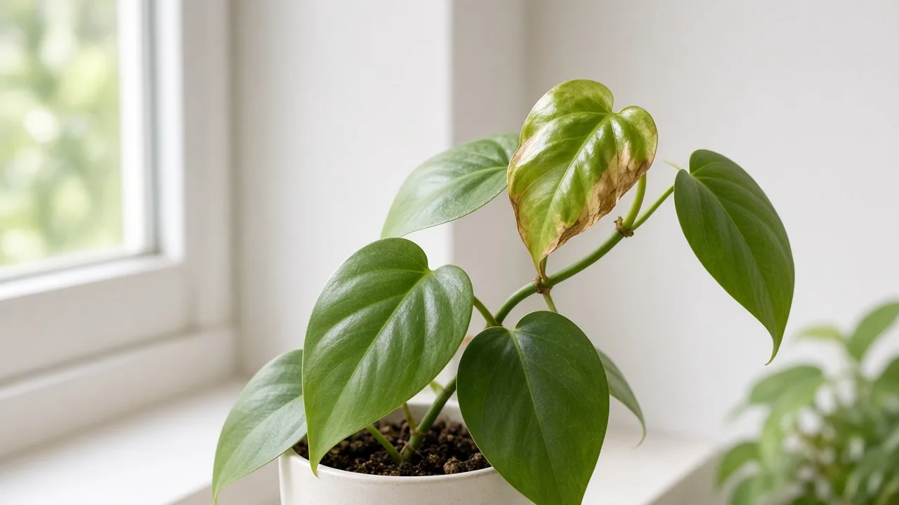 Calcium deficiency on heartleaf philodendron - cupped new heart-shaped leaf at trailing vine tip
