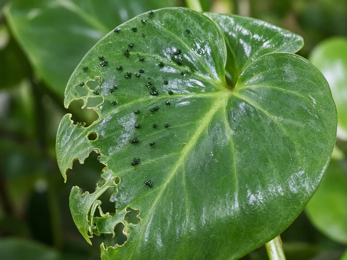 Close-up of caterpillar damage on Heartleaf Philodendron - irregular chewed holes on glossy heart-shaped leaf with dark frass pellets