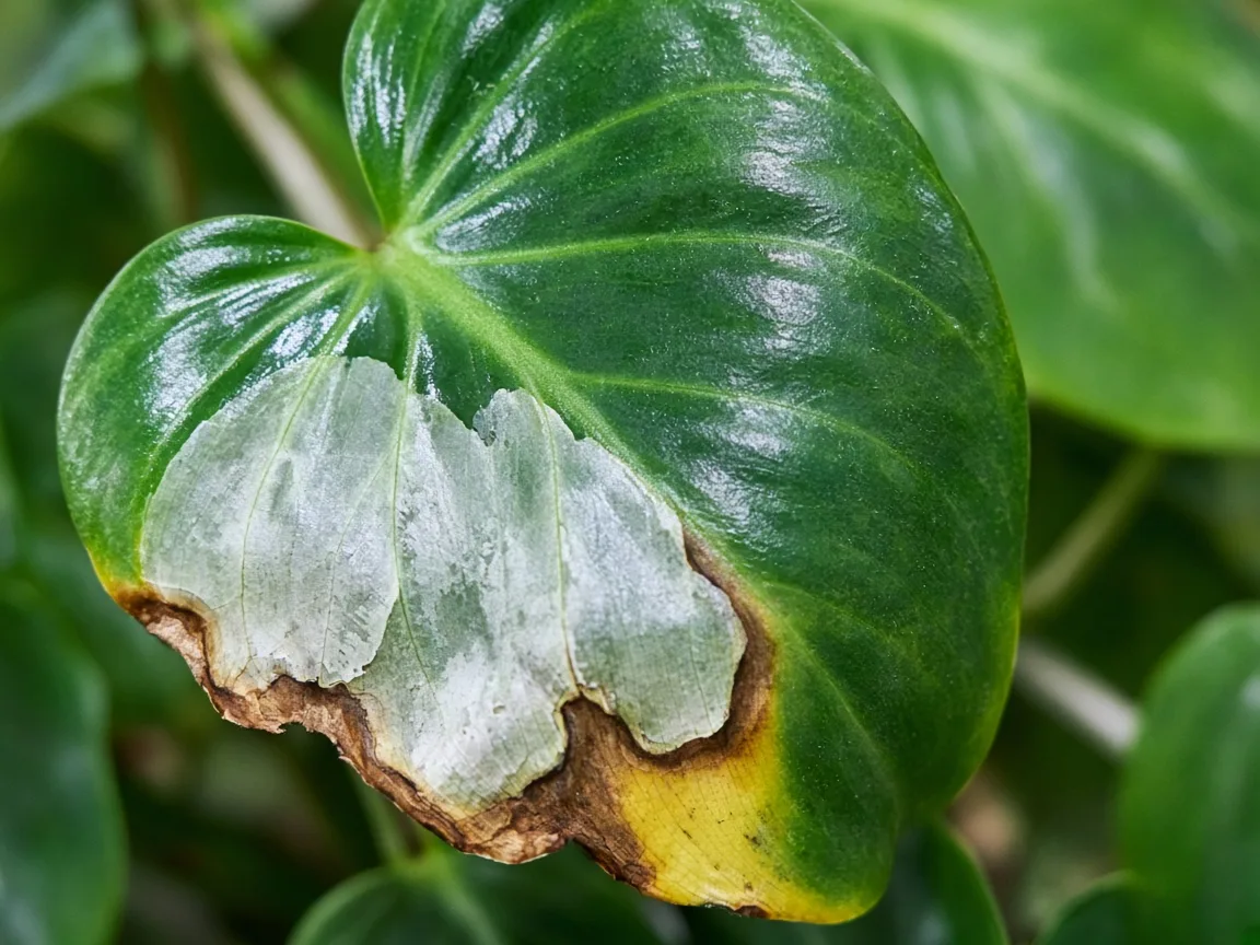 Close-up of chemical damage on heartleaf philodendron — bleached patches and brown crisp margins on a glossy heart-shaped leaf