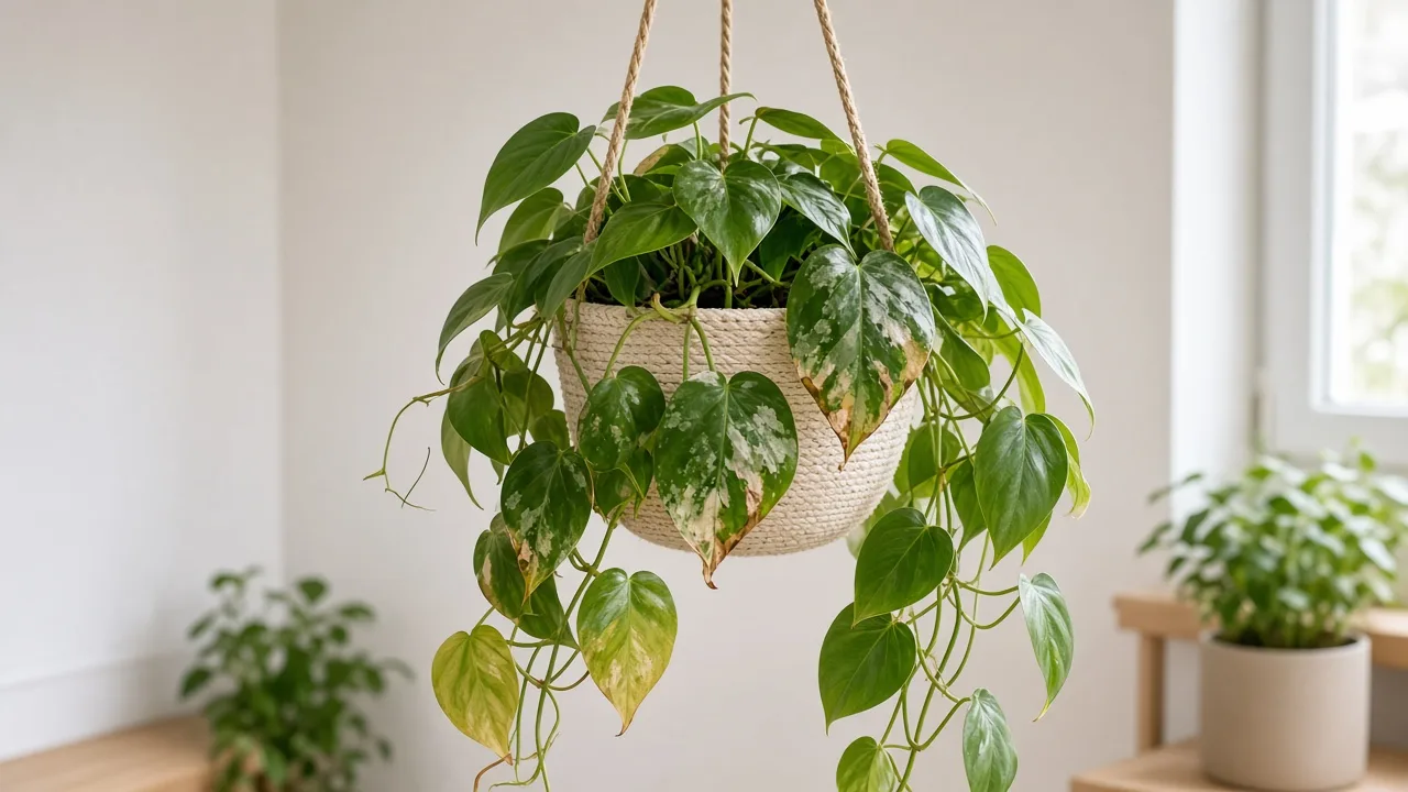Chemical damage on heartleaf philodendron — bleached and brown-tipped leaves along a trailing vine in a hanging basket