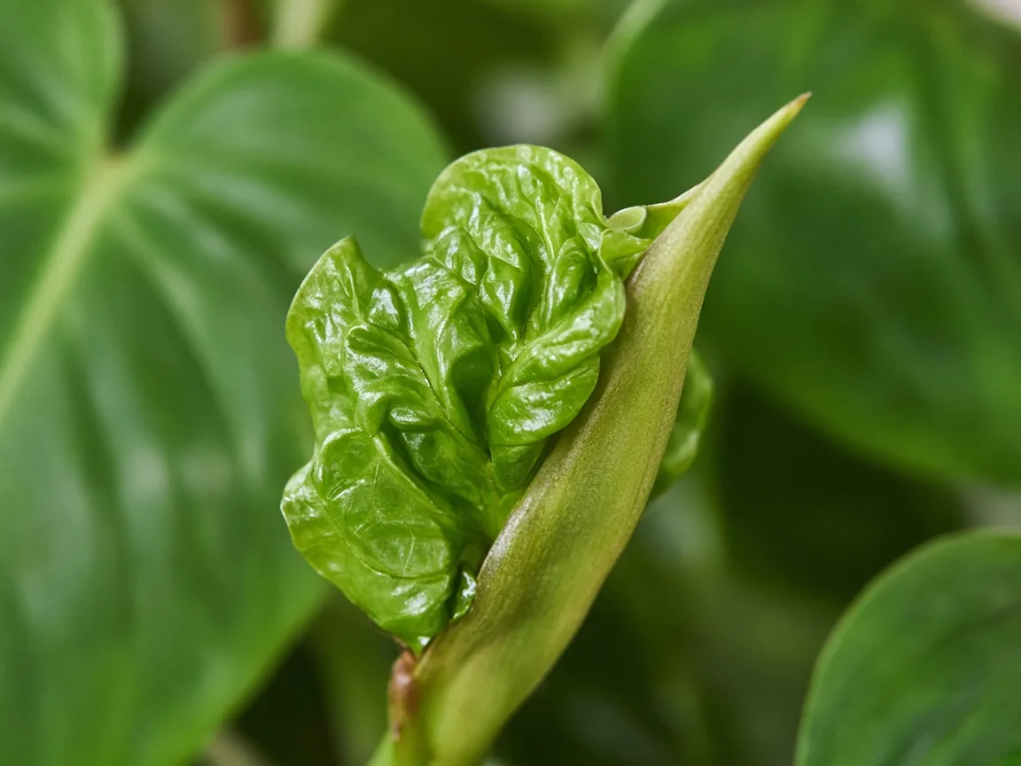 Close-up of Deformed New Growth on Heartleaf Philodendron - crinkled unfurling leaf inside pointed sheath