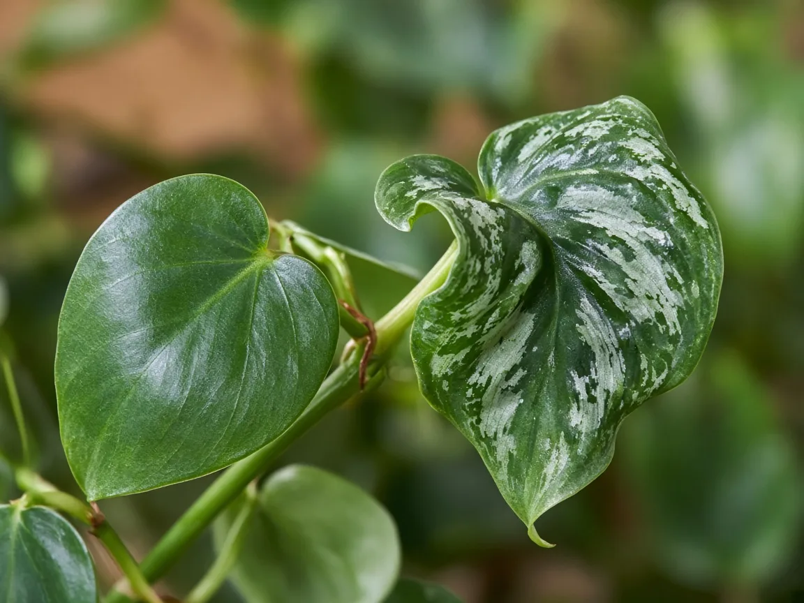 Close-up of distorted leaves on heartleaf philodendron showing puckered heart-shaped blade and silvery scarring