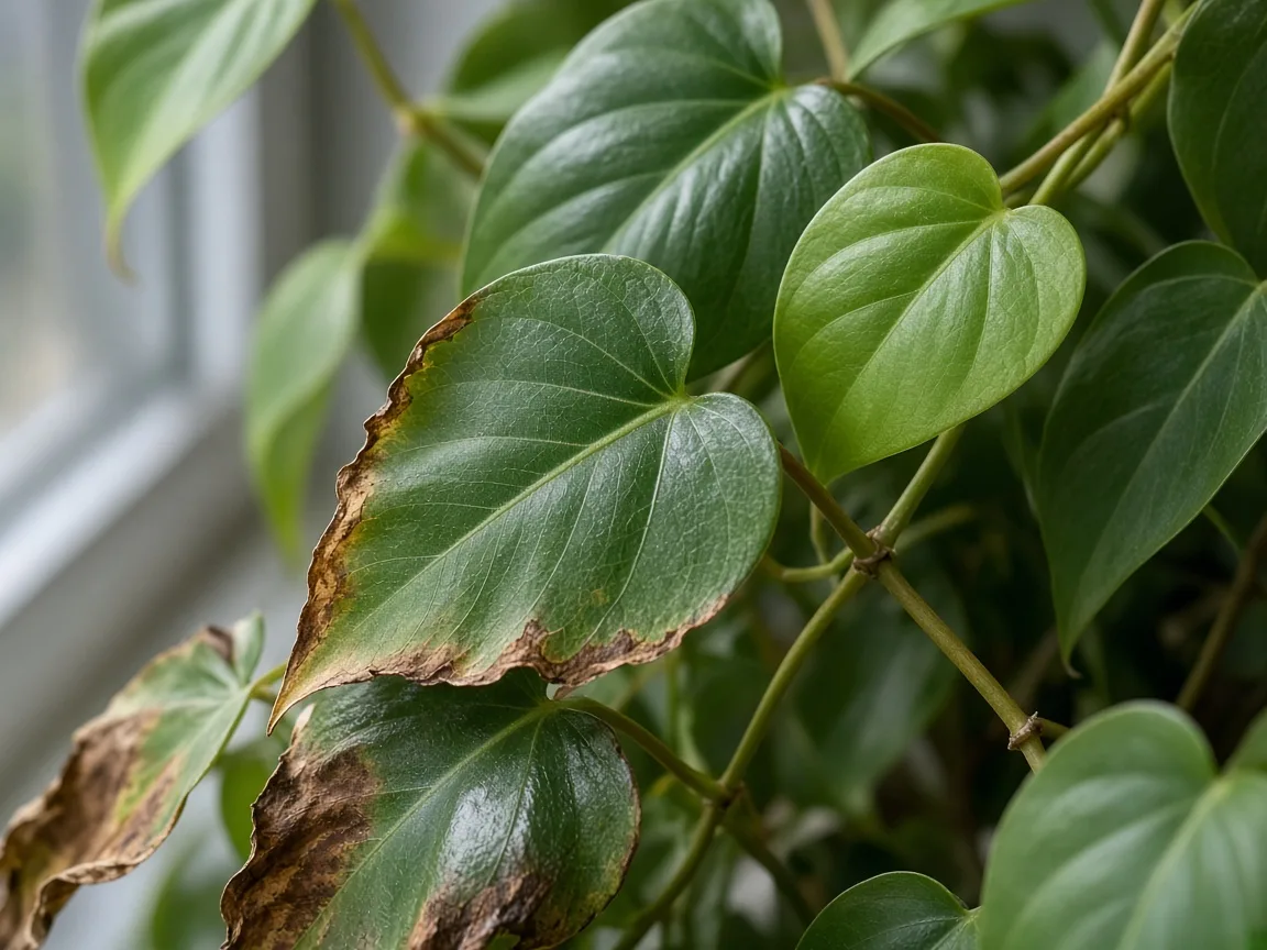 Close-up of draft stress on Heartleaf Philodendron - diagnostic detail