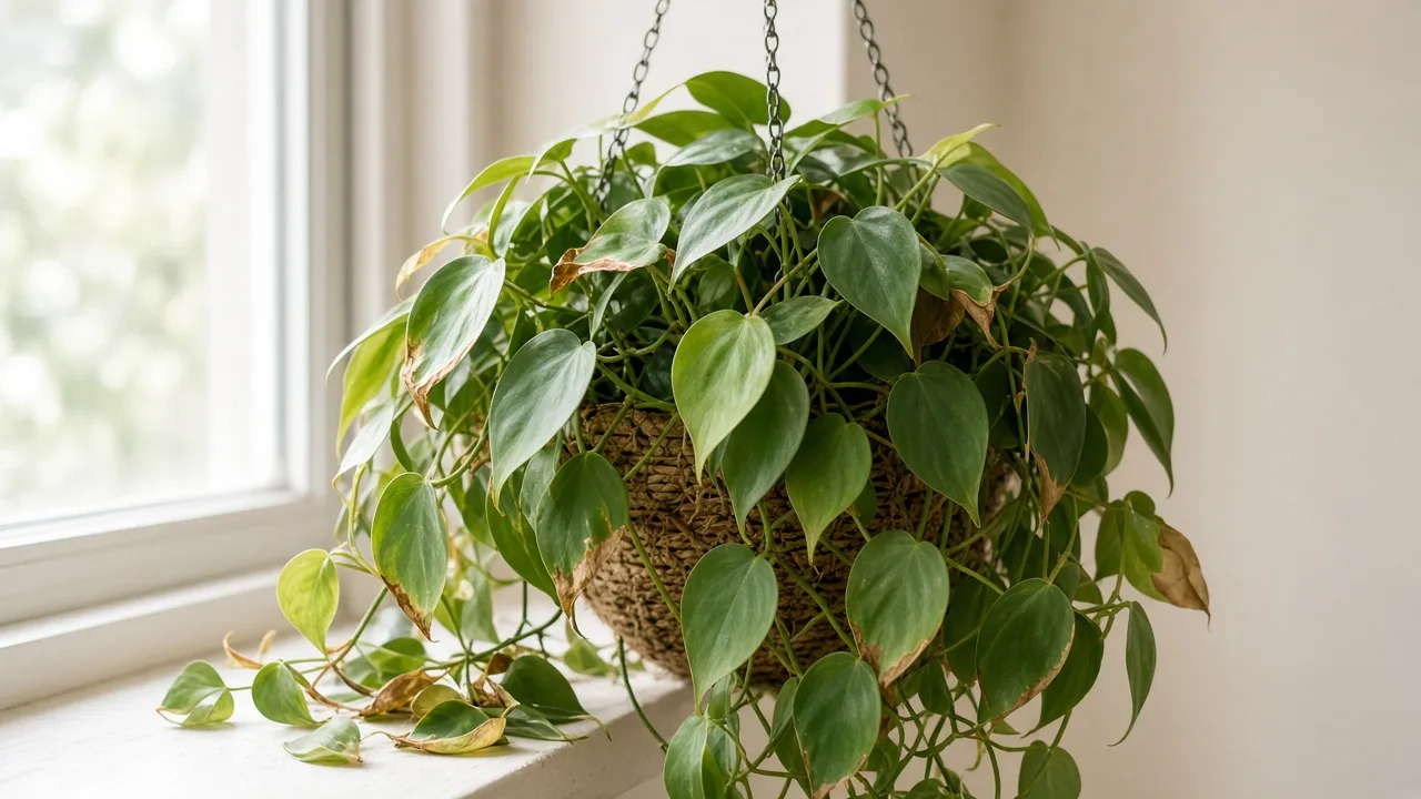 Draft stress on Heartleaf Philodendron - visible symptom on the plant