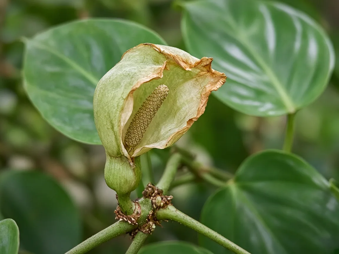 Close-up of faded flowers on Heartleaf Philodendron - diagnostic detail