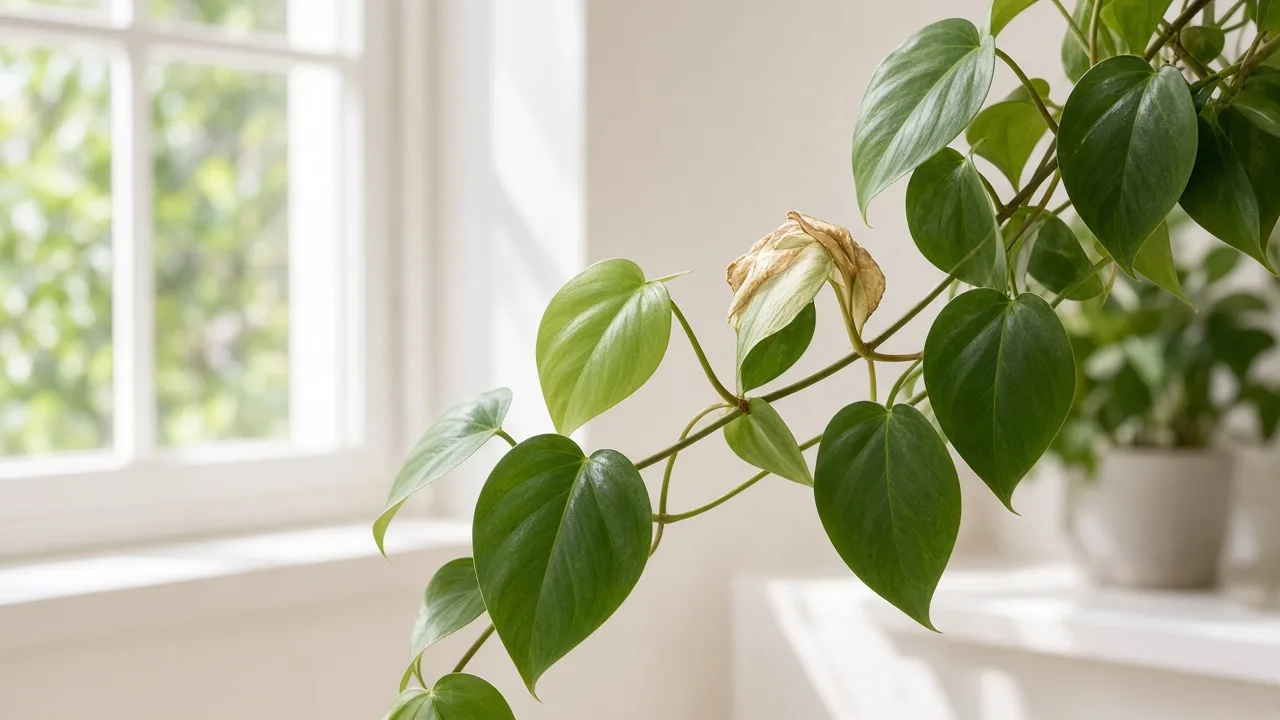 Faded flowers on Heartleaf Philodendron - greenish spathe losing color on a trailing vine