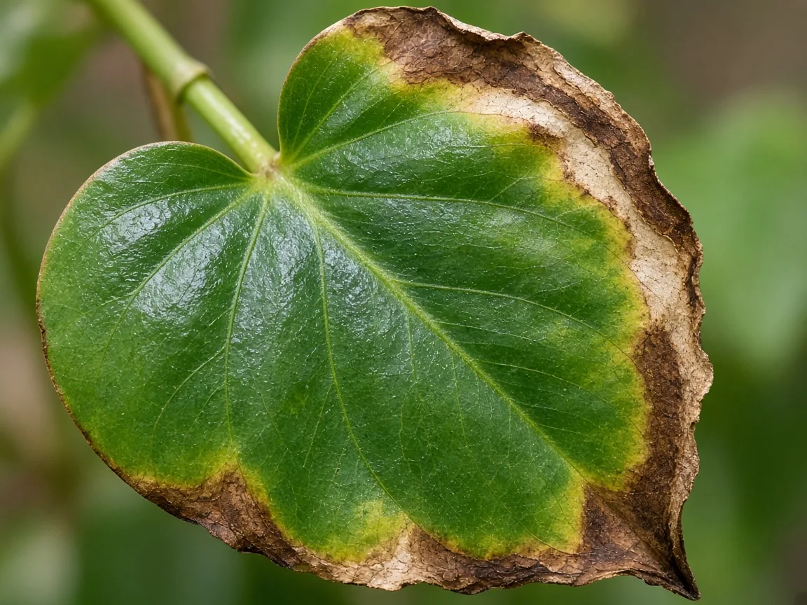 Close-up of fertilizer burn on heartleaf philodendron — brown crispy margins on a glossy heart-shaped leaf