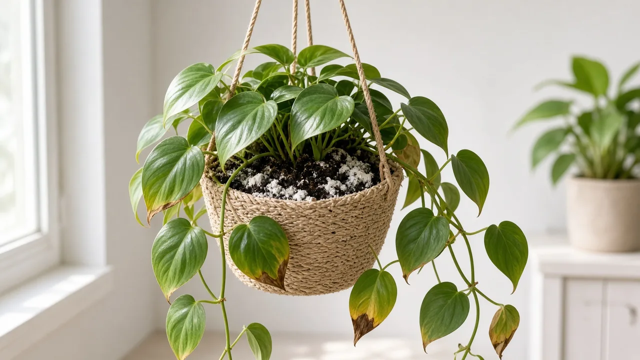 Fertilizer burn on heartleaf philodendron — brown crispy margins on glossy heart-shaped leaves in a hanging basket