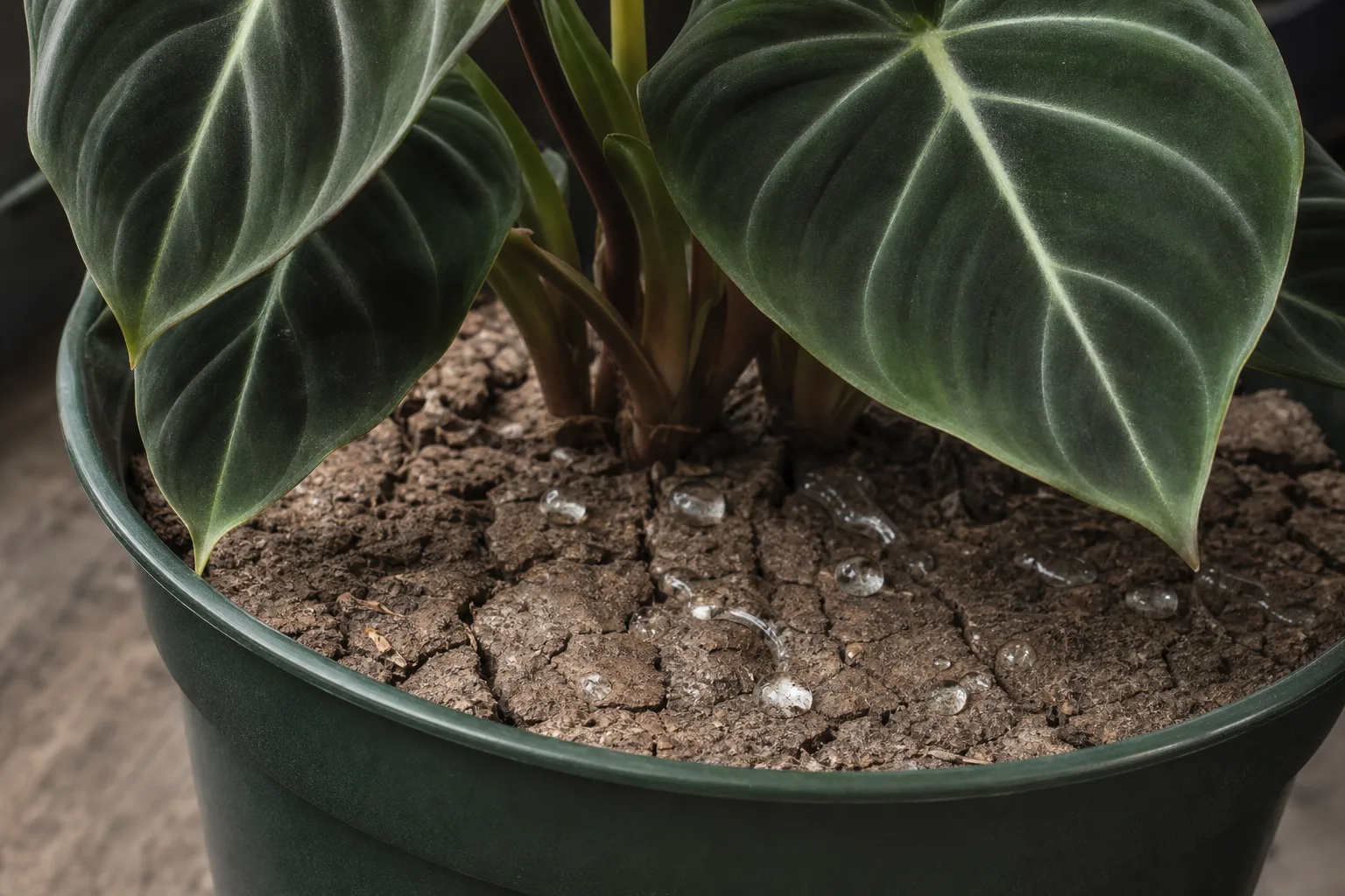 Dry Hydrophobic Soil on Philodendron Gloriosum - visible symptom on the plant