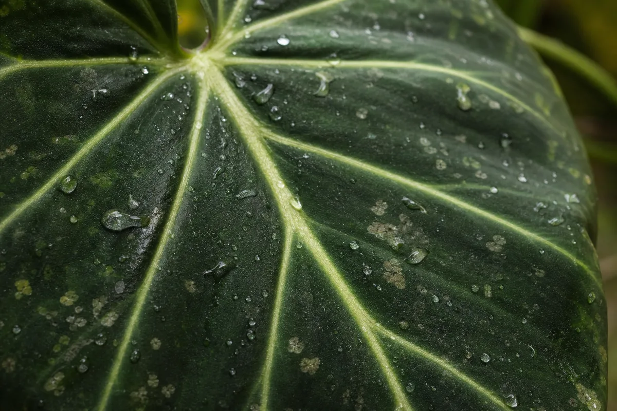 Close-up of High Humidity on Philodendron Gloriosum - diagnostic detail