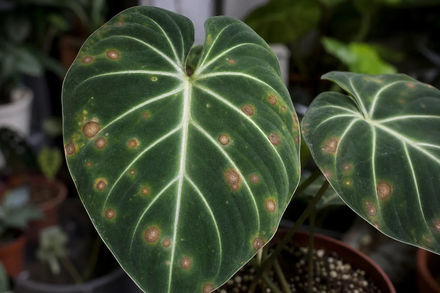 Leaf Spot Disease on Philodendron Gloriosum - visible symptom on the plant