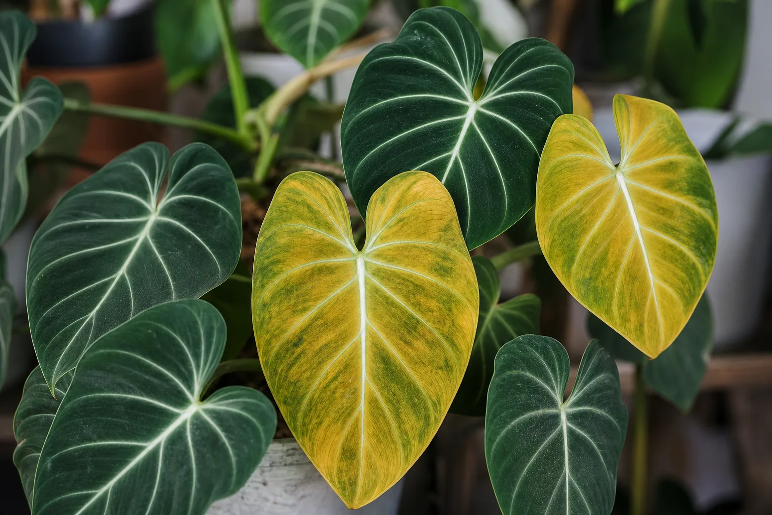 Yellow Leaves on Philodendron Gloriosum - visible symptom on the plant