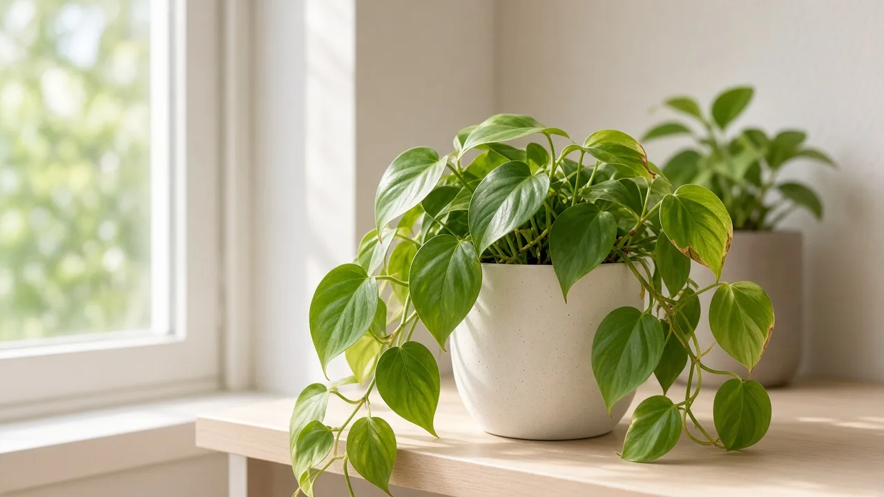 Heat stress on Heartleaf Philodendron - limp trailing vines with curled glossy leaves near a hot window