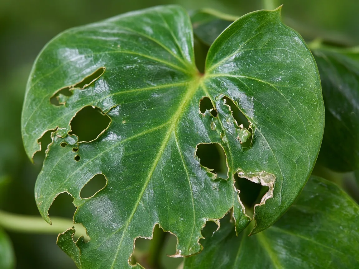 Close-up of holes in leaves on Heartleaf Philodendron - irregular chew marks on glossy heart-shaped leaf with torn margins