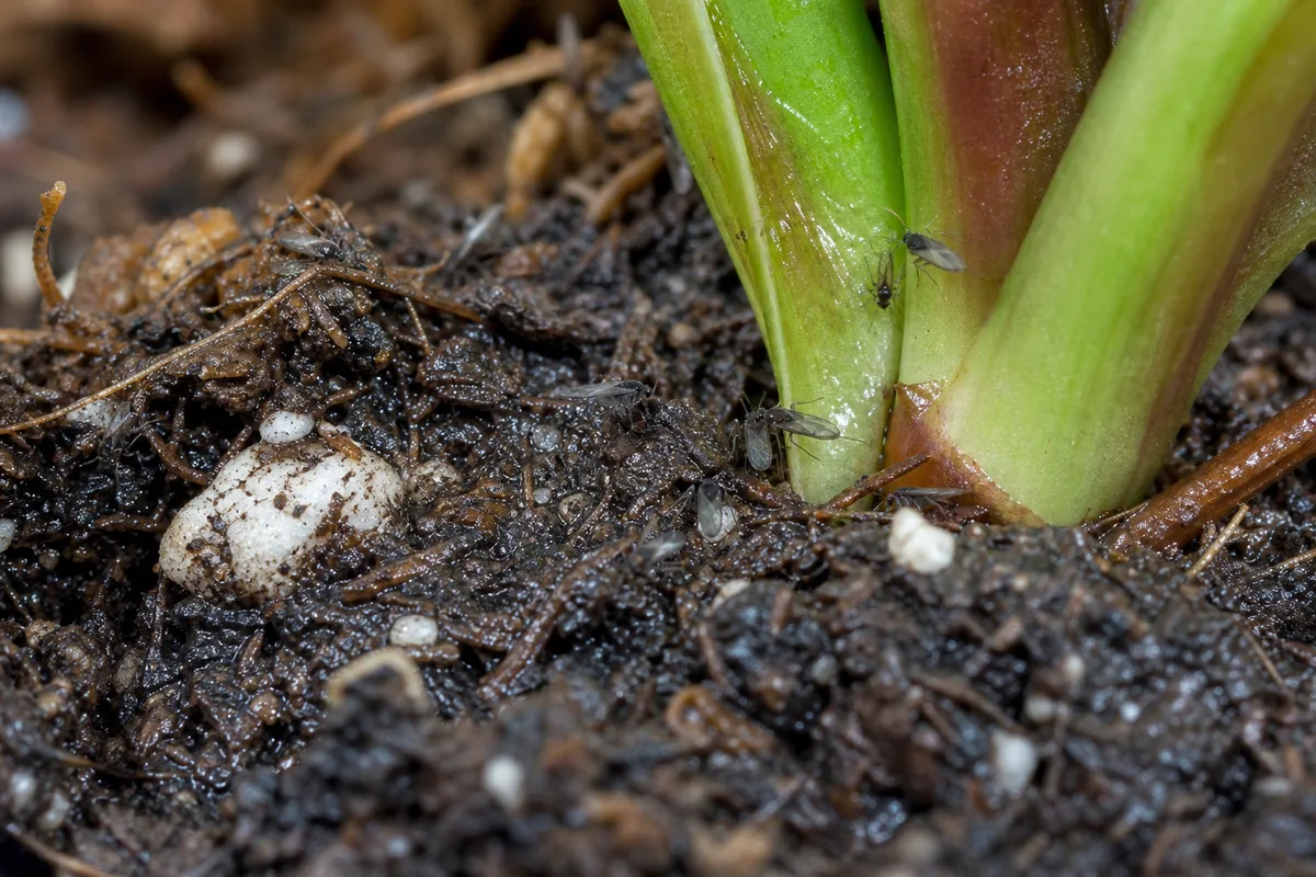 Close-up of Fungus Gnats on Philodendron Imperial Green - diagnostic detail