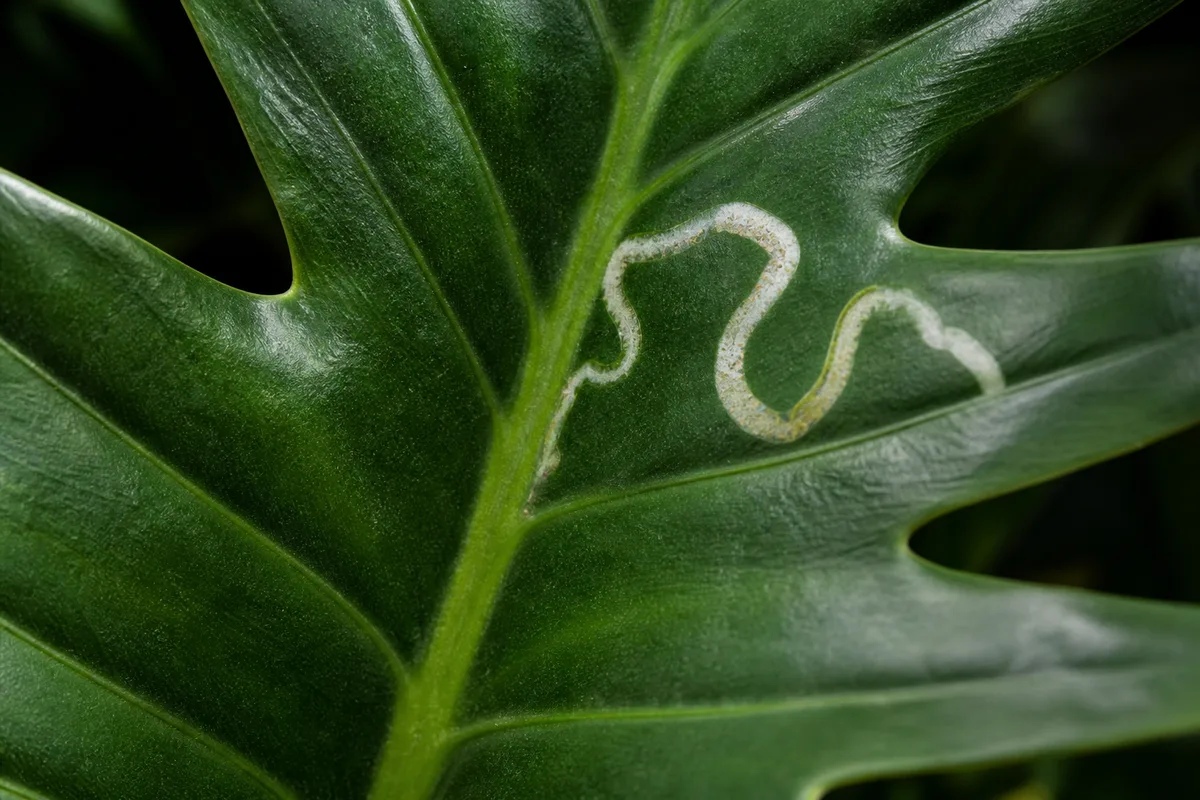 Close-up of Leaf Miners on Philodendron Imperial Green - diagnostic detail