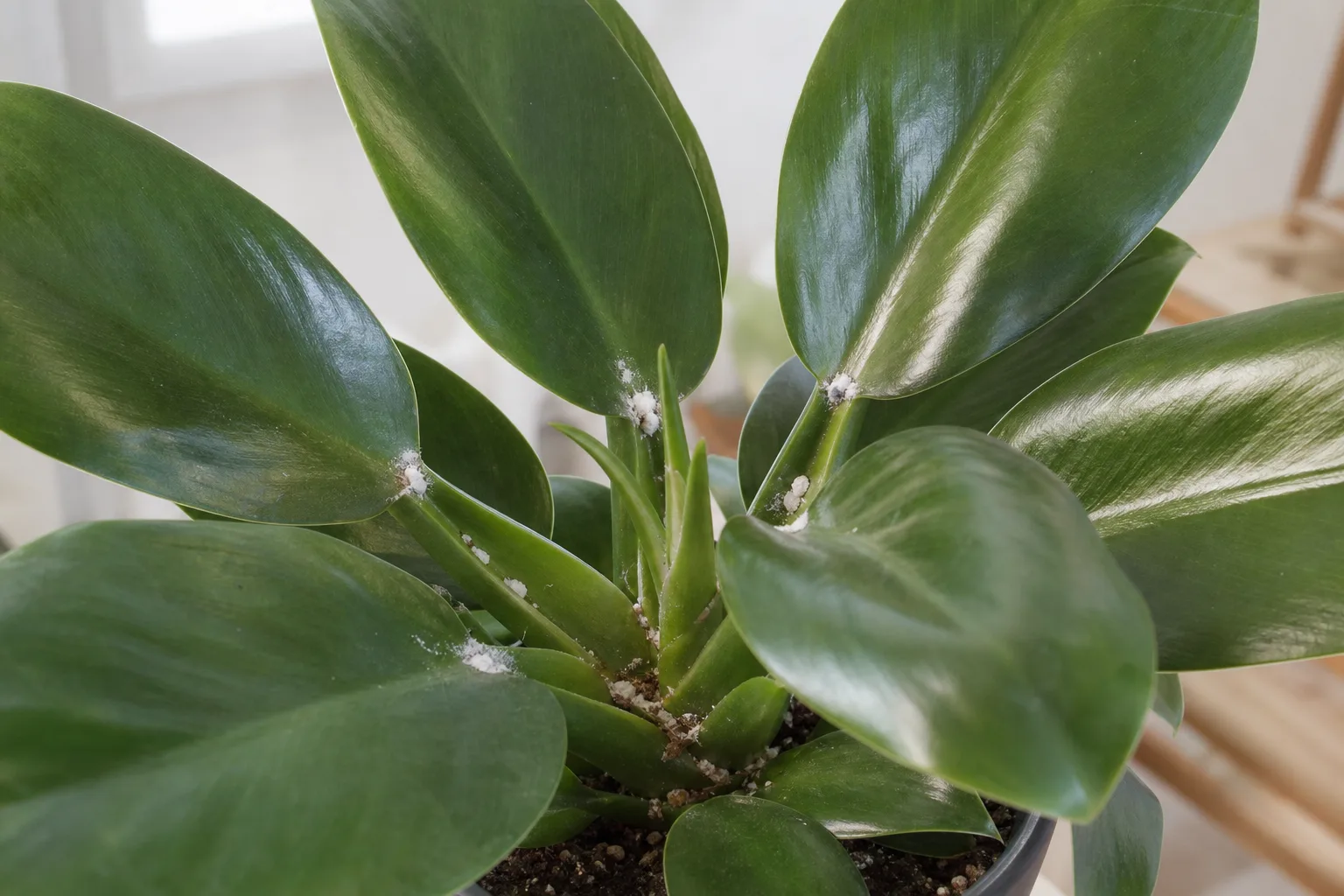 Philodendron Imperial Green petiole joint with mealybug cottony residue