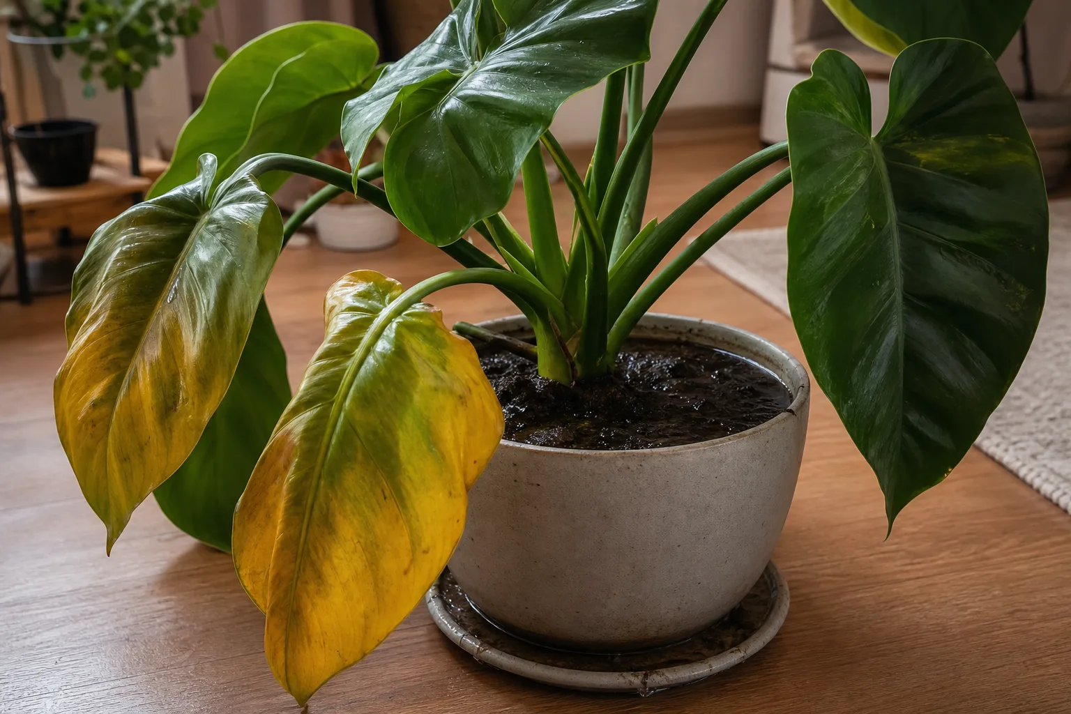 Philodendron Imperial Green showing wet-soil stress with lower yellow leaves while the crown stays upright