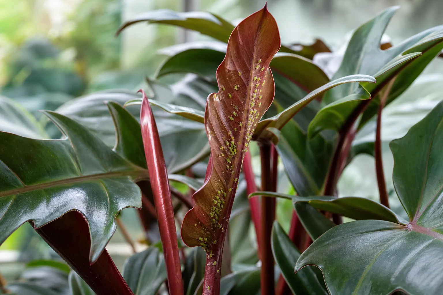 Aphids on Philodendron Imperial Red - visible symptom on the plant