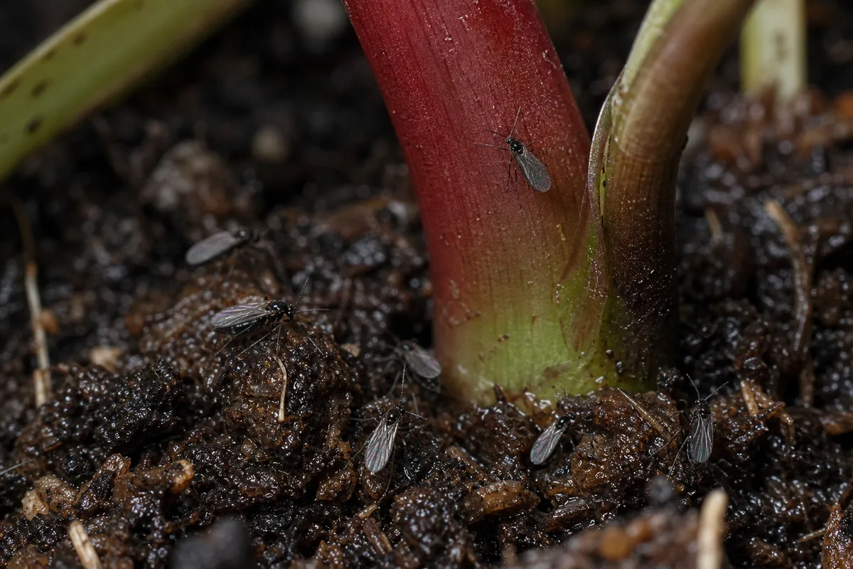 Close-up of Fungus Gnats on Philodendron Imperial Red - diagnostic detail