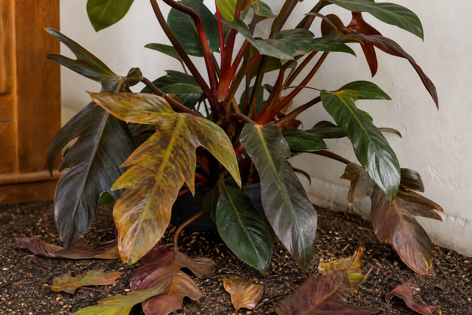 Leaf Drop on Philodendron Imperial Red - visible symptom on the plant