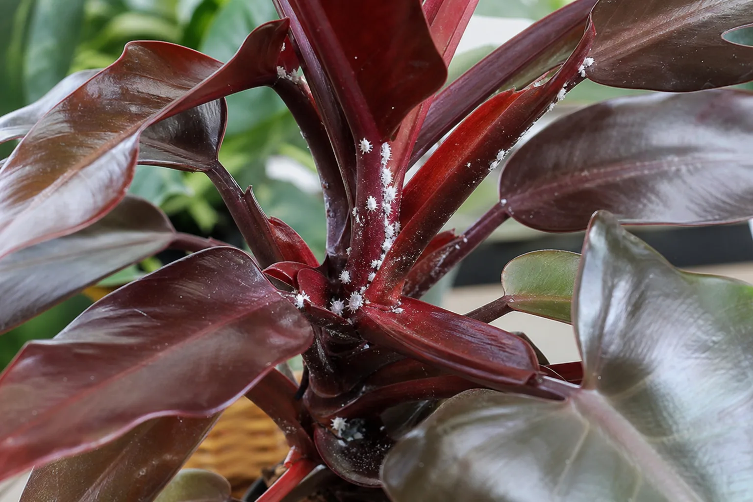 Mealybugs on Philodendron Imperial Red - visible symptom on the plant