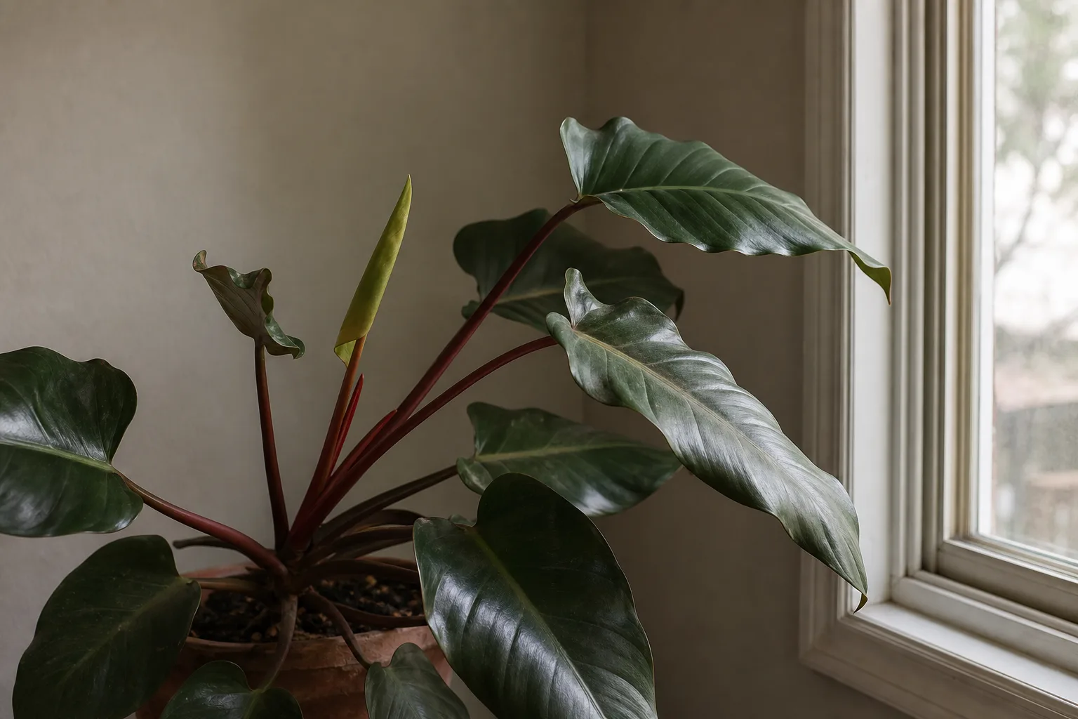 Philodendron Imperial Red with weak green new growth from insufficient light