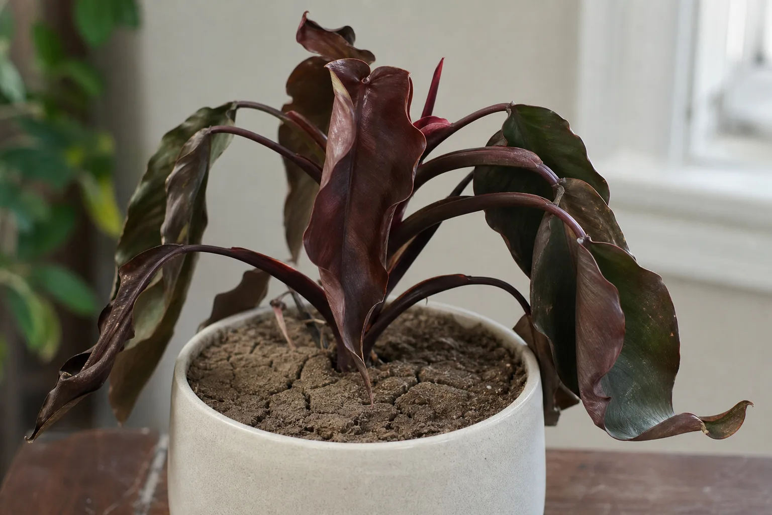 Underwatering on Philodendron Imperial Red - visible symptom on the plant