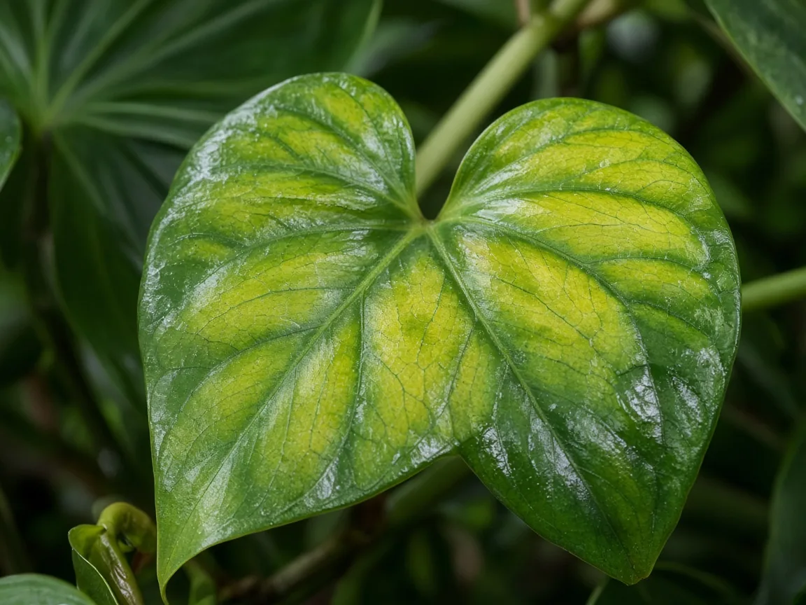 Close-up of iron deficiency on Heartleaf Philodendron - interveinal chlorosis on new glossy heart leaf at vine tip