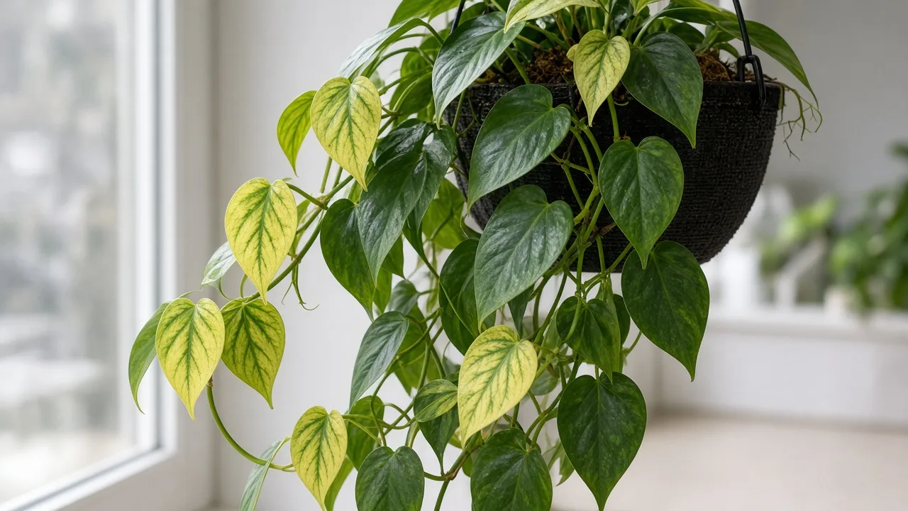 Iron Deficiency on Heartleaf Philodendron - yellow new heart leaves with green veins at vine tips