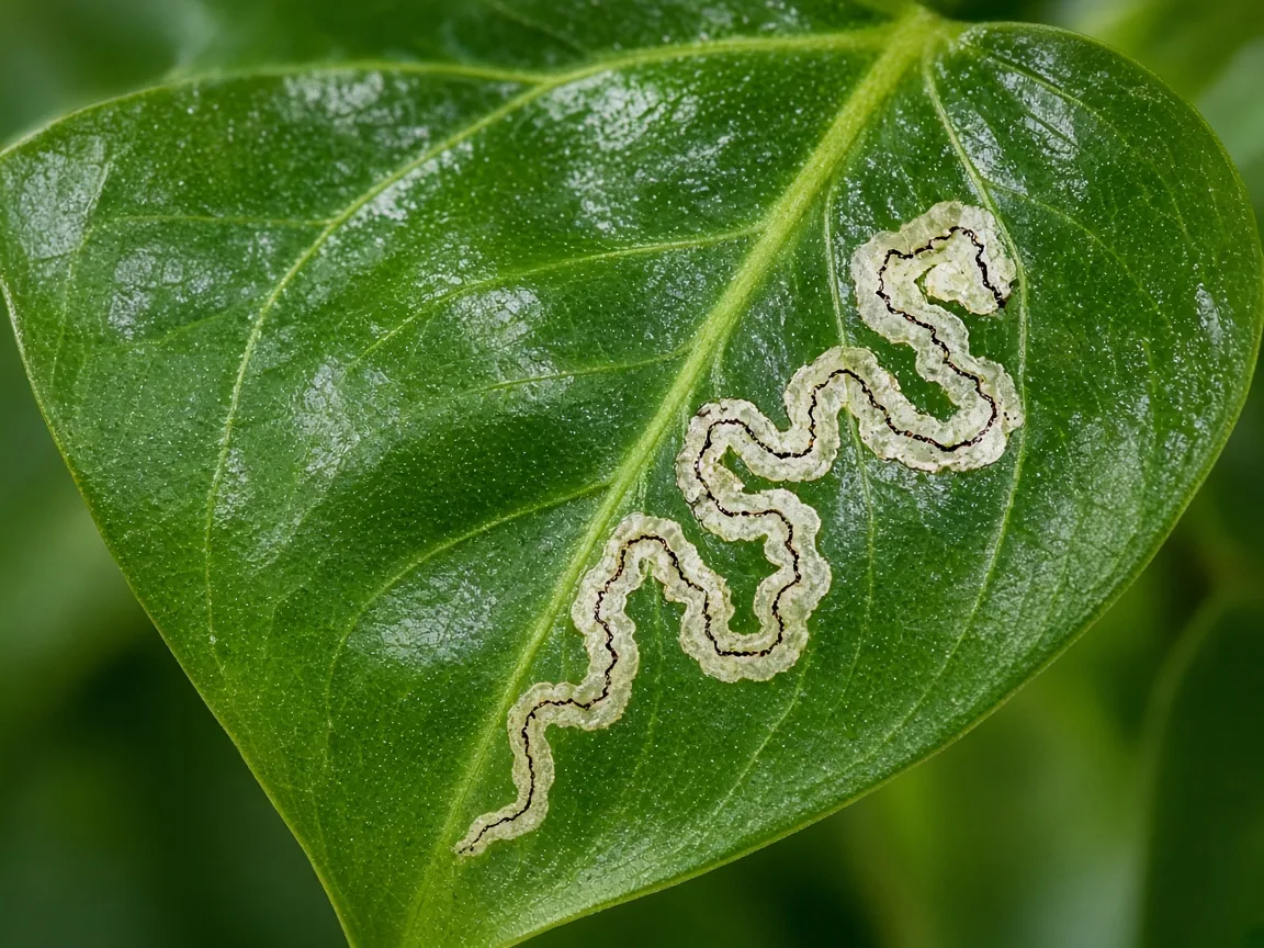 Close-up of leaf miner serpentine tunnel inside a Heartleaf Philodendron heart-shaped leaf