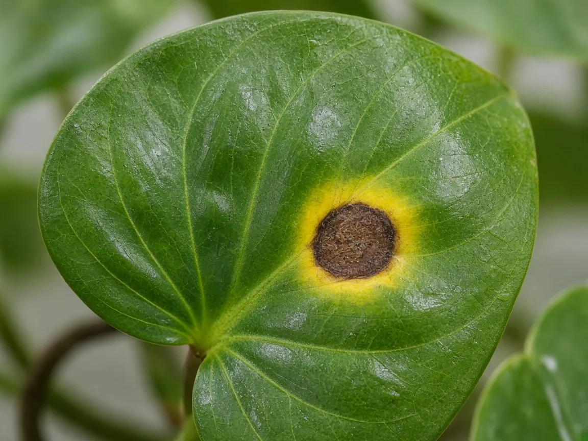 Close-up of Leaf Spot Disease on Heartleaf Philodendron - diagnostic detail
