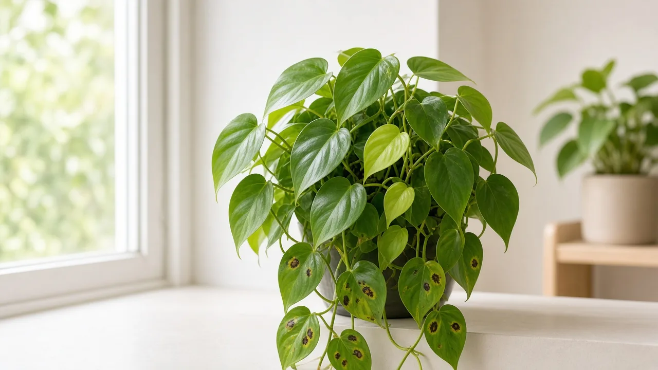 Leaf Spot Disease on Heartleaf Philodendron - brown haloed lesions on glossy trailing vine leaves
