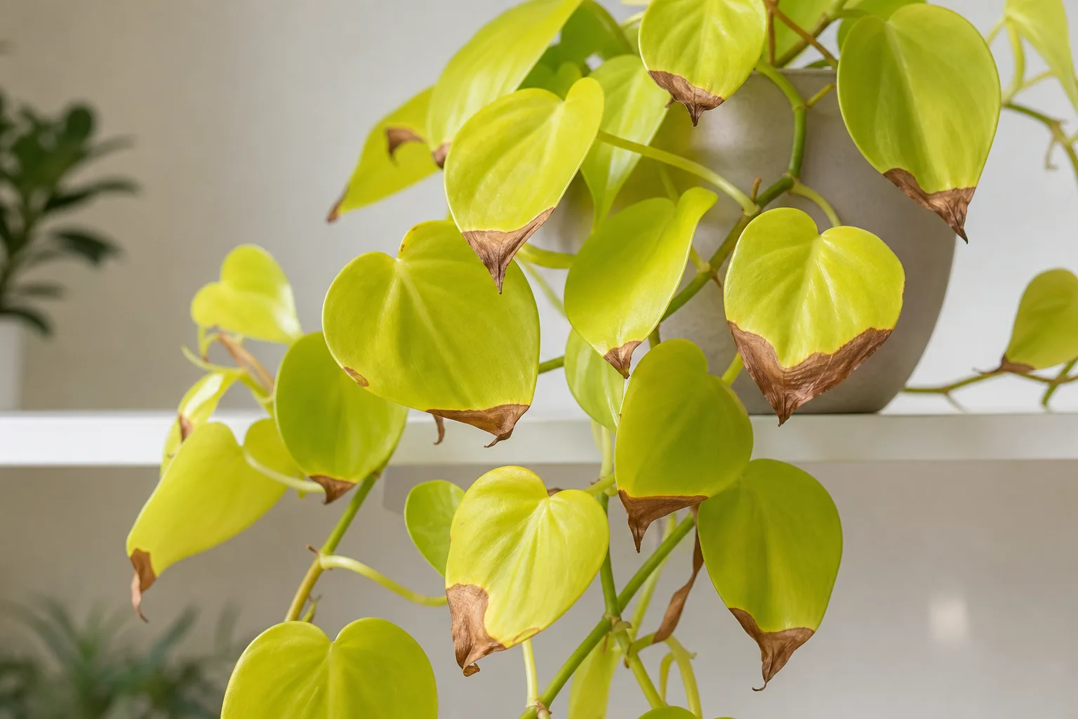 Brown Tips on Philodendron Lemon Lime - visible symptom on the plant
