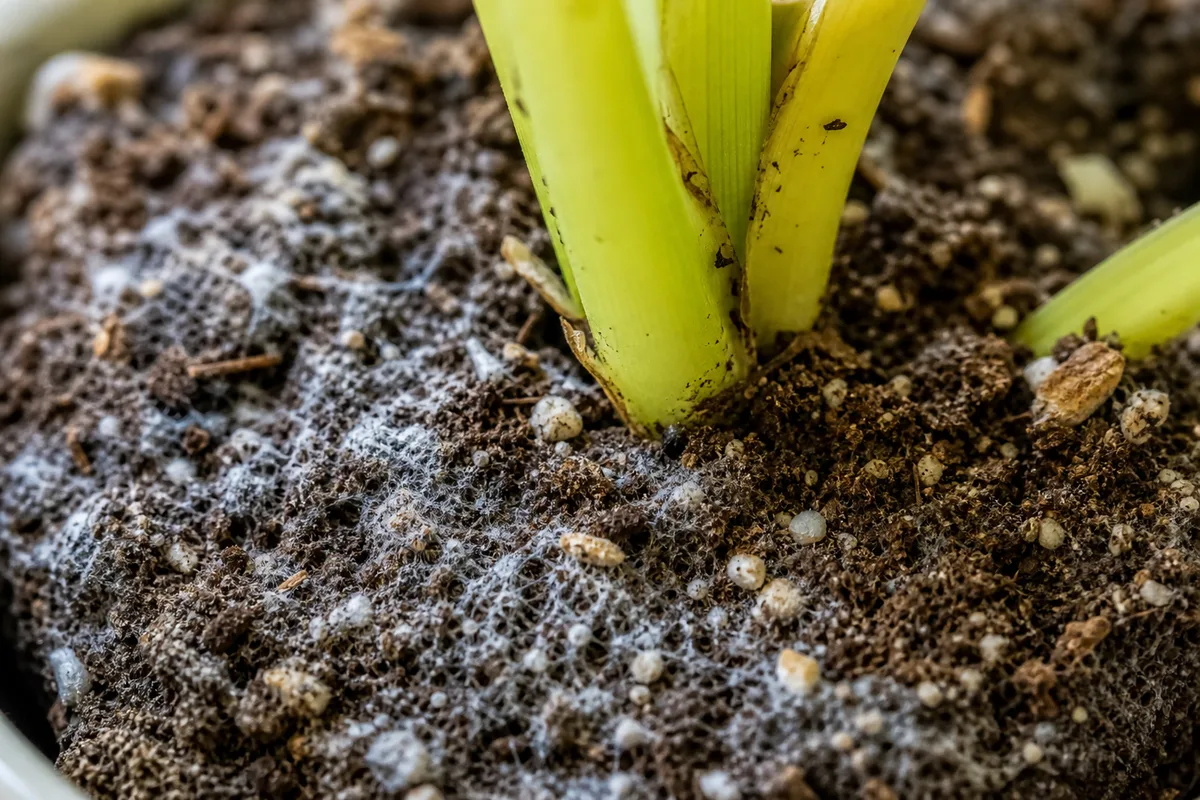 Close-up of Mold on Soil on Philodendron Lemon Lime - diagnostic detail